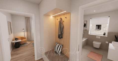Helle Neubau 2-Zimmer-Dachgeschoss-Wohnung in ruhiger Lage von Recke - DREIZLER-Immobilien-Muenster-Flur-Schlafen-Bad (291330)