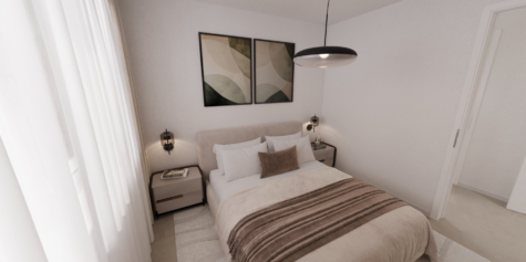 Neubau: 1-Zimmer-EG-Wohnung in Münster Hiltrup mit Terrasse - DREIZLER-Immobilien-Muenster-BV-Hiltrup_Schlafen-Bett-3-Zi-Whg (288841)